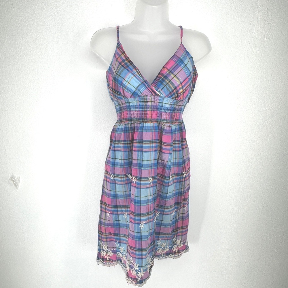 Vintage Babydoll Plaid Eyelet Smocked Mini Sun Dress XL Y2K Preppy Boho Country